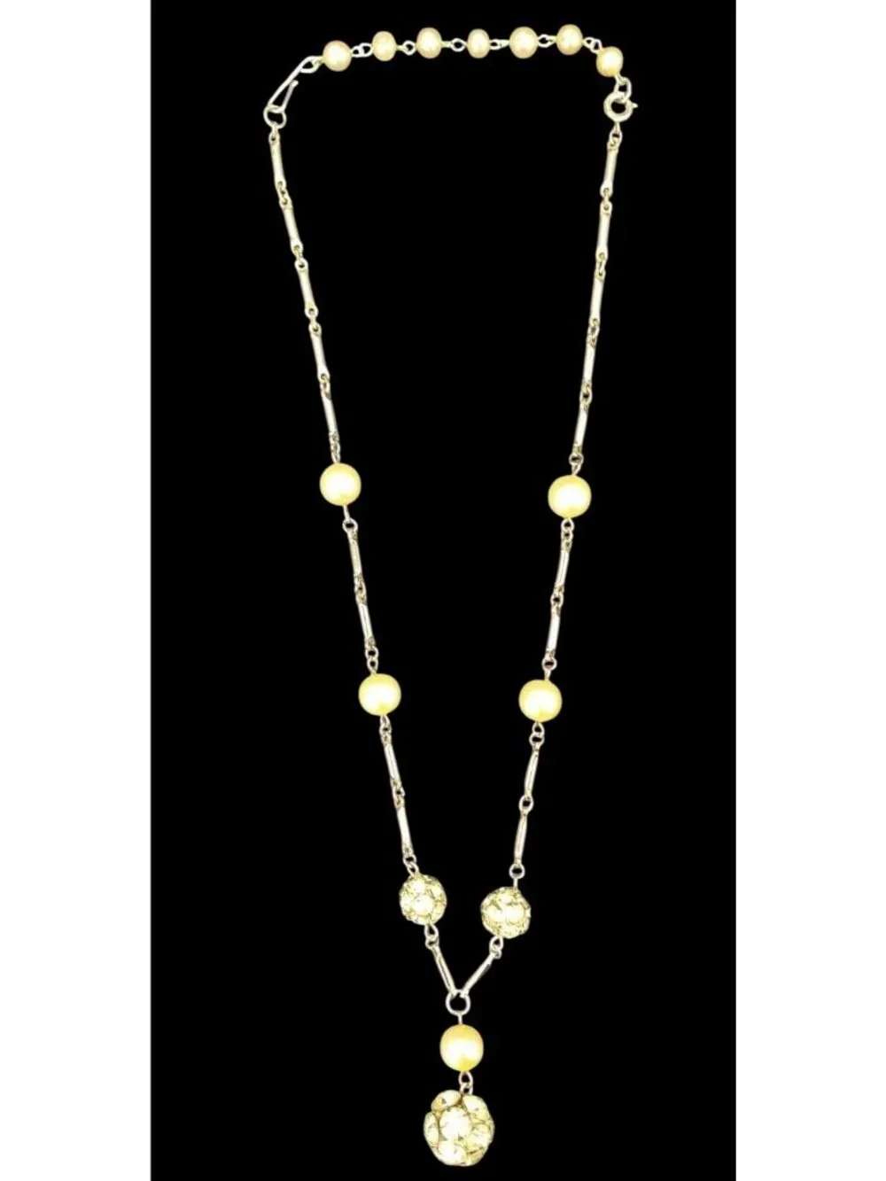 Vintage Rhinestone Ball Necklace Faux Pearls Y-Drop Globe Cluster Extender 17